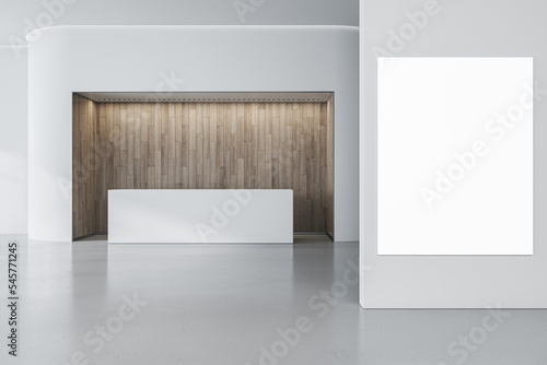Modern office lobby interior with mock up poster on wall, white wall and reception desk with wooden installation. Hotel or waiting area concept. 3D Rendering.