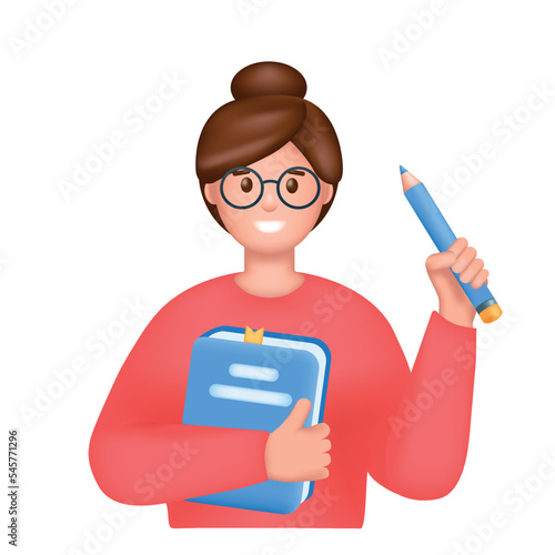 Young woman with book and pencil. Education, studying, learning, knowledge, examination or homework concept. 3d Realistic cartoon character vector illustration isolated on white background.