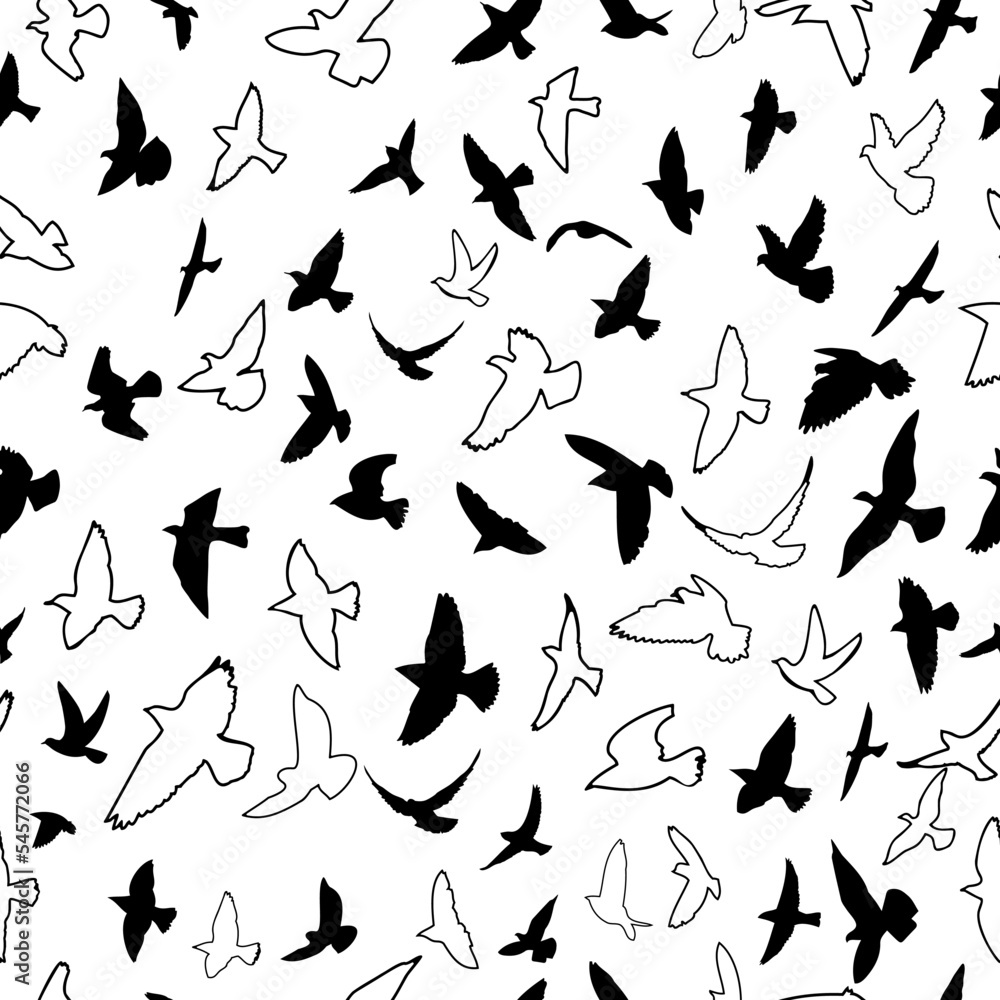Seamless pattern flying birds. Lots of doves. Vector illustration