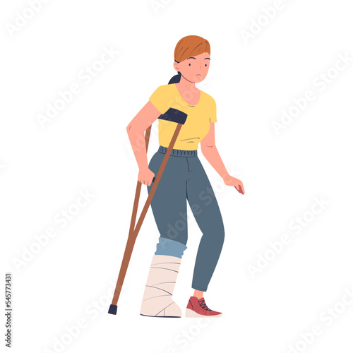 Young woman with broken leg standing with crutch. Girl feeling pain in body caused by injury cartoon vector illustration