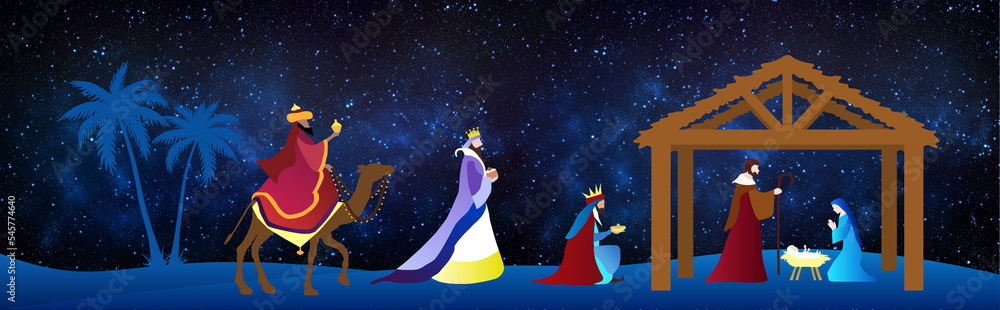 Christmas Nativity Scene. The adoration of Three Wise Men. Wallpaper