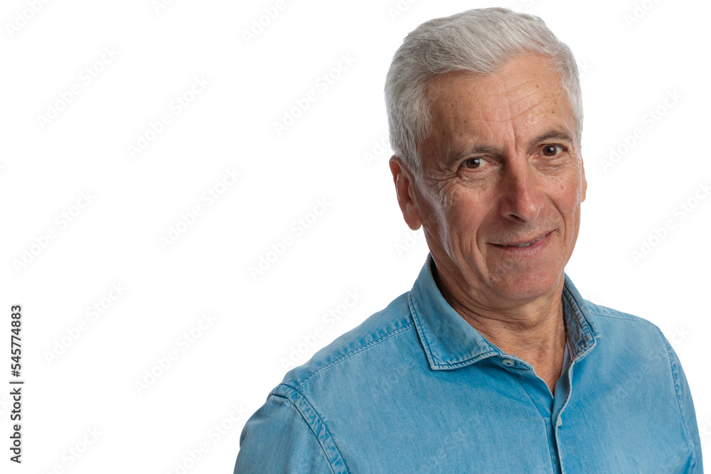 close up of grizzled hair man wearing blue jeans shirt and smiling close up of grizzled hair man wearing blue jeans shirt and smiling