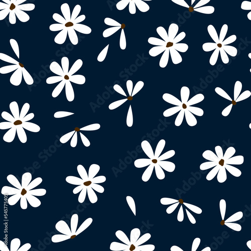 Seamless background with primitive childish floral pattern. Simple minimalistic background, cute white flowers in boho style on a blue background. 