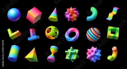 3d render. Collection of assorted geometric shapes. Set of different icons, signs and symbols. Colorful objects with gradient. Clip art isolated on black background