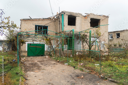 Country house destroyed by shelling. War in Ukraine. Russian invasion of Ukraine. Terror of the civilian population. War crimes