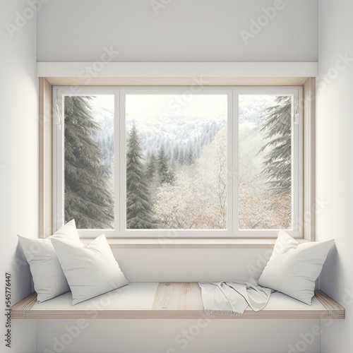 Side window seat 3d render.There are white room,wood seat,decorate with many pillow.There are big windows look out to see nature view. © AkuAku