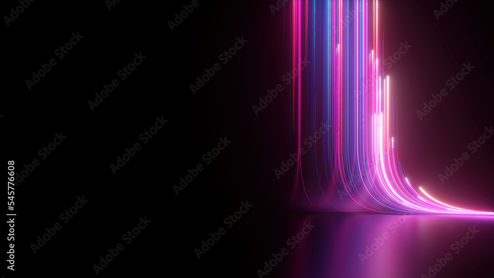 3d render, abstract neon background with pink and blue neon lines and reflection on the floor - obrazy, fototapety, plakaty 