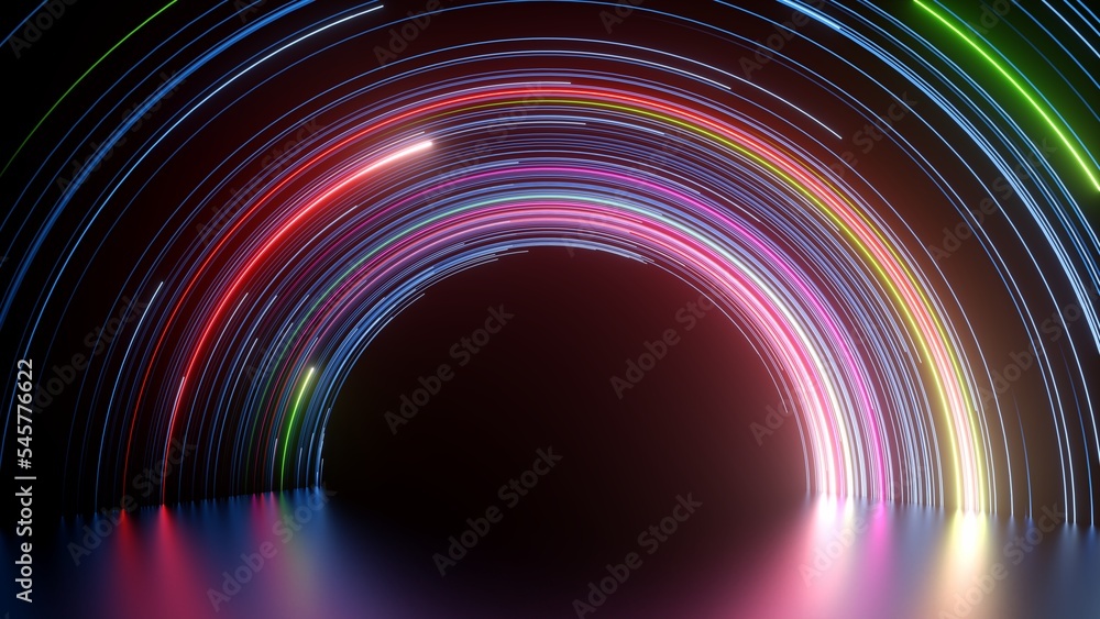 3d render, abstract neon rainbow isolated on black background. Colorful glowing lines and laser rays - obrazy, fototapety, plakaty 
