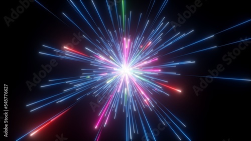 3d rendering, abstract colorful background of bright neon stars and glowing lines. Festive firework in the night sky. Space meteor shower photo