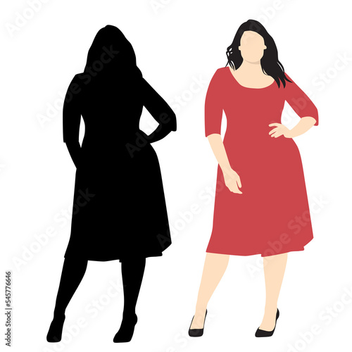 Vector silhouette and cartoon character of  standing  woman, the beautiful plus size fashion woman, black, red and beige  colors, isolated on a white background