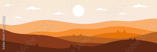 Beautiful landscape. Flat style. Long hills and mountains scenery background design. Nature vector illustration. Suitable for landing pages, banner, web, wall painting and posters.