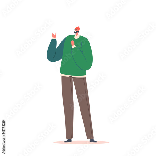 Single Male Character Wear Green Winter Sweater And Knit Hat Isolated On White Background. Positive Fashioned Man