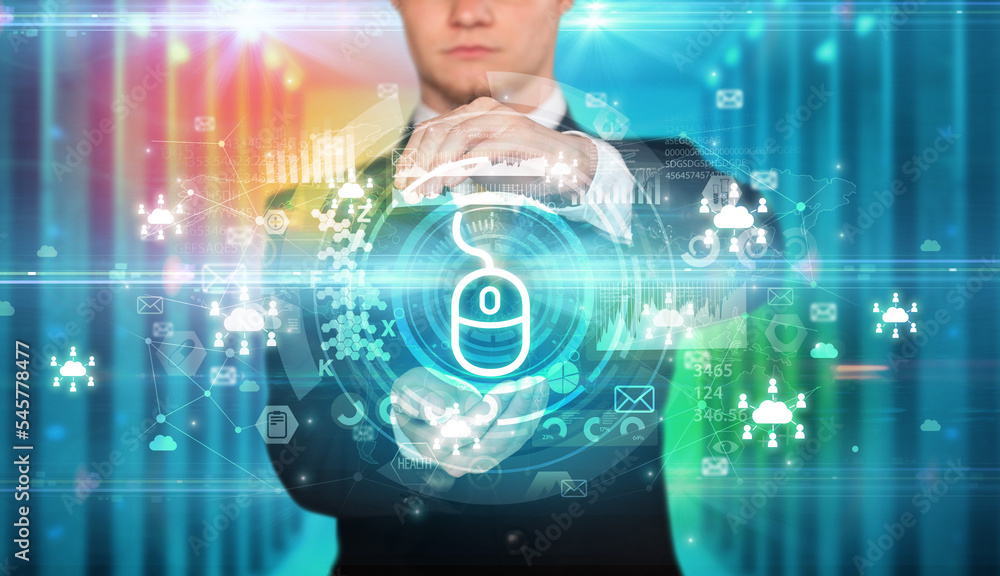 Businessman holding technology icon concept Businessman holding technology icon concept