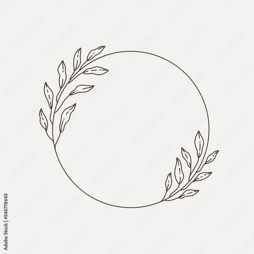 Round botanical frame element with laurel in boho style. Simple contour vector illustration for packaging, corporate identity, labels, postcards, invitations. Round botanical frame element with laurel in boho style. Simple contour vector illustration for packaging, corporate identity, labels, postcards, invitations.