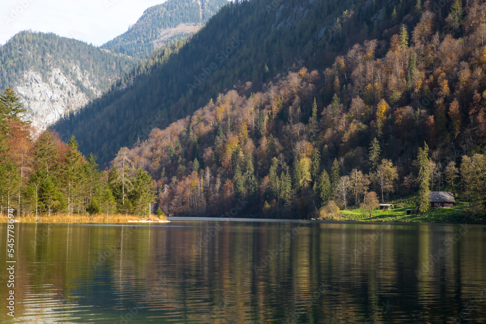 Bavarian Lake Königsee and mountain background in autumn. Berchtesgaden National Park, Germany.