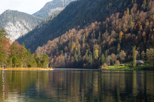 Bavarian Lake Königsee and mountain background in autumn. Berchtesgaden National Park, Germany.