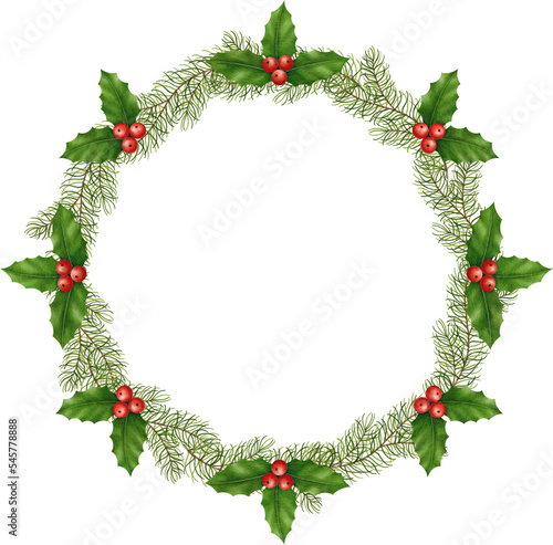 Christmas wreath with holly berries leaves watercolor illustration