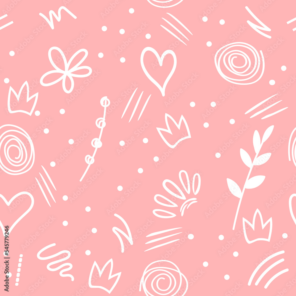 Doodle childish seamless pattern with hand drawing line silhouettes plants flowers hearts geometric shapes. Baby style white outline on a pink background. Vector illustration for printing on wallpaper