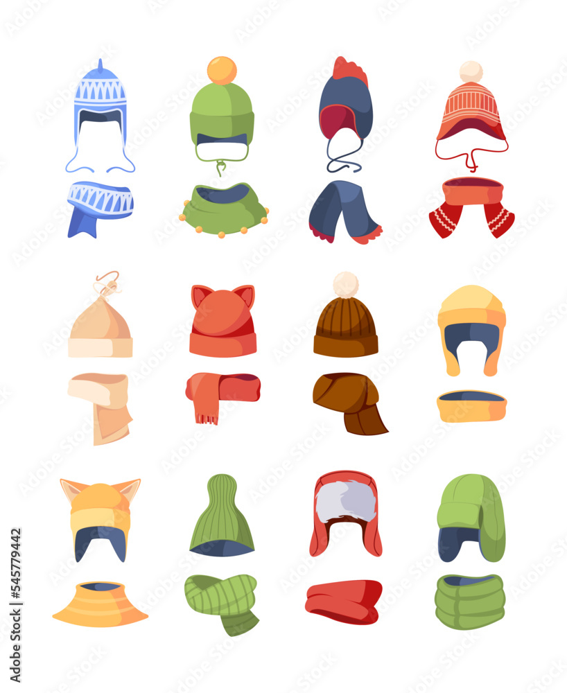Set Children Hats For Autumn And Winter Seasons, Knitted And Textile Caps For Girls Or Boys Isolated On White Background Set Children Hats For Autumn And Winter Seasons, Knitted And Textile Caps For Girls Or Boys Isolated On White Background