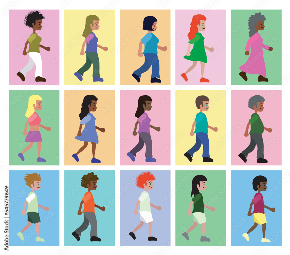 Characters of men and women of various ethnicities walking to the right. Vector illustration. Characters of men and women of various ethnicities walking to the right. Vector illustration.