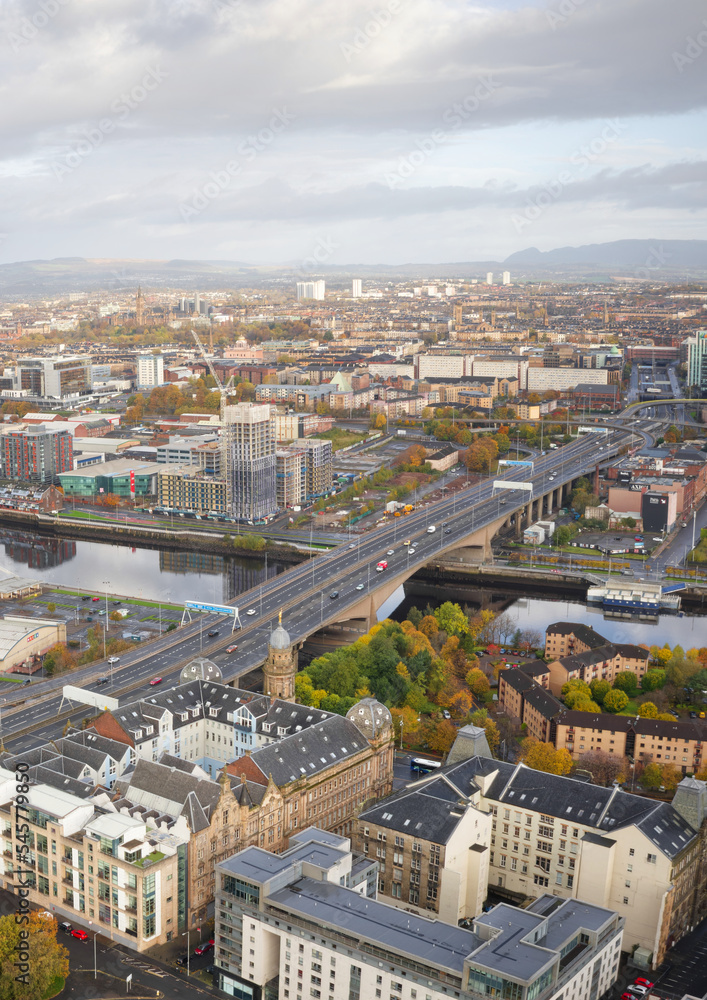 Aerial view of the Kingston Bridge over the River Clyde and M8, M74 Motorway