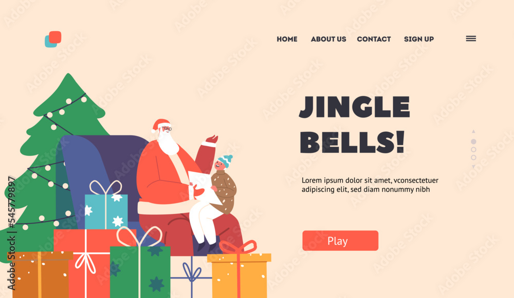 Jingle Bells Landing Page Template. Child Read Poems to Santa Claus. Little Kid Sit on Knees of Father at Christmas Tree