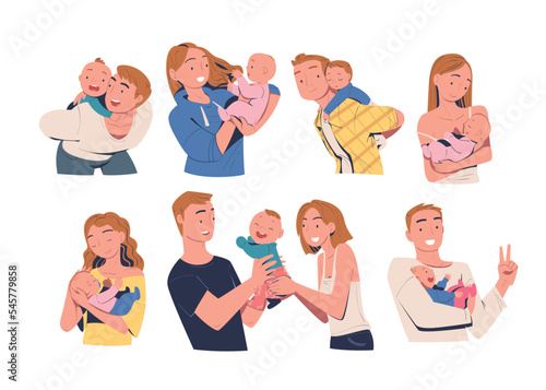 Happy people with their babies set. Mom and dad hugging and cuddling newborn baby expressing love and care cartoon vector illustration