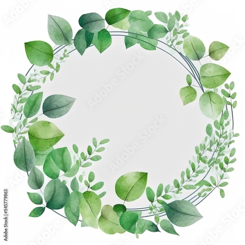 Round frame and watercolor painted green leaves on a white background. Isolated and space for your text.