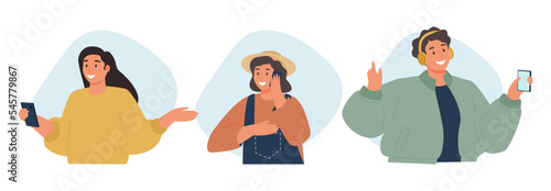 Young People use Smartphones, Chatting, making Selfie and listening Music. Happy Boys and Girls.