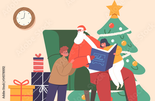 Children Sit on Santa Claus Knees Listen Stories. Read , Saint Nicholas or Father Noel Character Sitting on Armchair