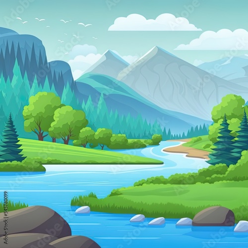 Nature scene with river and hills  forest and mountain  landscape flat cartoon style illustration