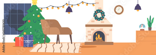 Christmas Room with Decorated Tree, Armchair, Gifts, Garland and Clock on Wall. Interior for Xmas Celebration