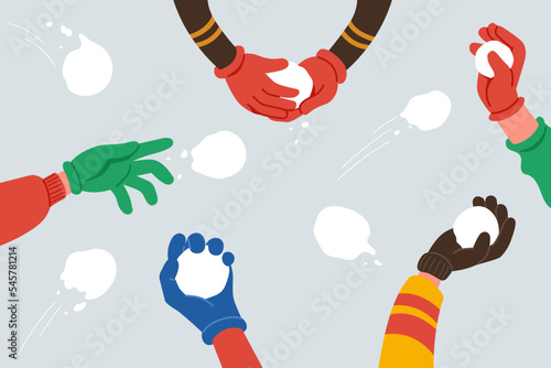 Snowball fight. Human hands in colorful gloves throw snowballs. Winter fun. Elements for seasonal design. Vector illustration in cartoon style