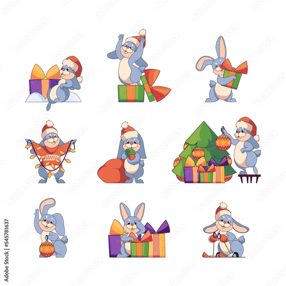 Fototapeta premium Set Of Cute Christmas Rabbits, Cartoon New Year Bunny, Funny Xmas Animal Personages In Santa Hat And Sweater