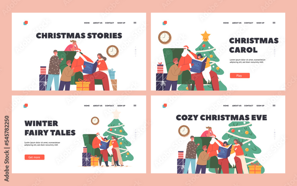 Christmas Eve Landing Page Template Set. Santa Claus Character Read Stories to Children, St Nicholas Sitting on Armchair Christmas Eve Landing Page Template Set. Santa Claus Character Read Stories to Children, St Nicholas Sitting on Armchair