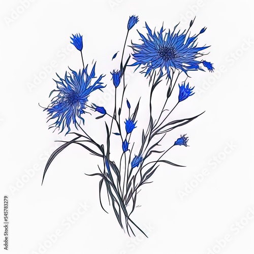 Cornflower with abstract shapes hand drawn illustration. Line art. Isolated on white background.