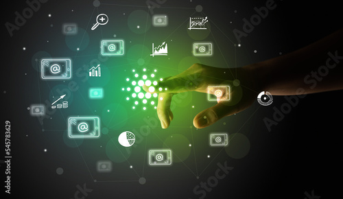 Businessman finger touching on screen multimedia interface with hand drawn currency icons