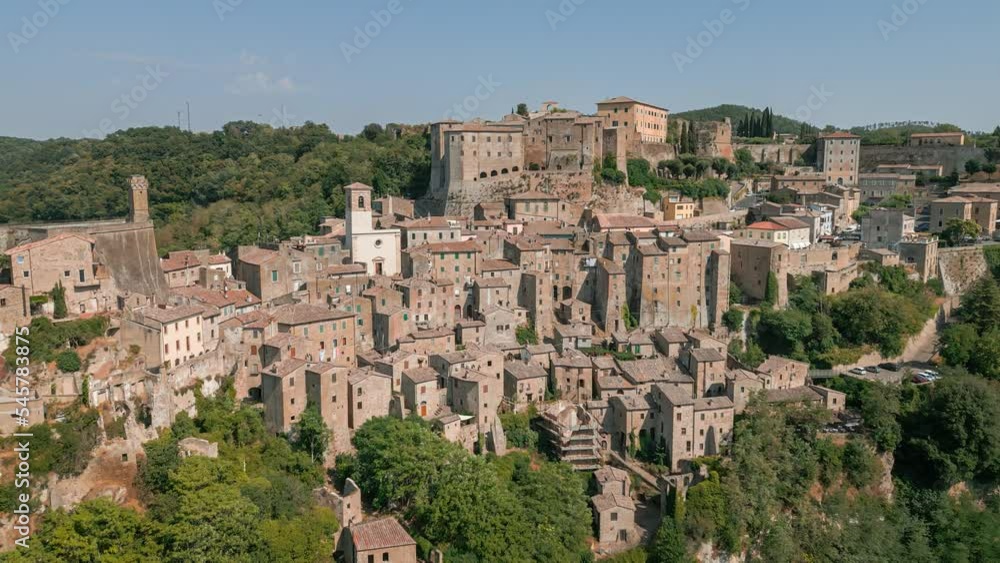 Sorano - ancient etruscan italian town in Tuscany in Italy. Aerial view from drone. Sorano - ancient etruscan italian town in Tuscany in Italy. Aerial view from drone.