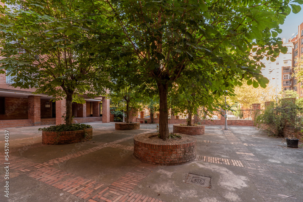 Common areas of an urban residential development with trees in brick pits