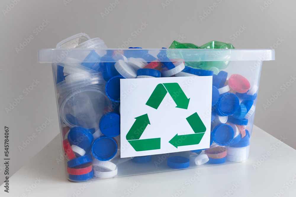 Sorting plastic drink bottle caps and lids recyclable materials for