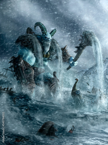 Ancient monster with a large stone hammer and fur on his shoulders rises from the water. A huge muscular giant with a beard and horns in wooden ships armor drowns Viking drakkars in the northern sea.