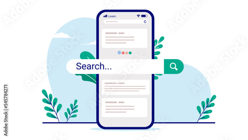 Search bar on mobile phone screen - Smartphone standing with search field popping out and decorative background elements. Flat design vector illustration with white background