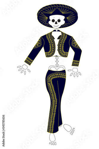 Skeleton dressed as a mariachi musician. A traditional Mexican and Central American charro outfit used in celebrations and special events. Vector illustration isolated on white background.