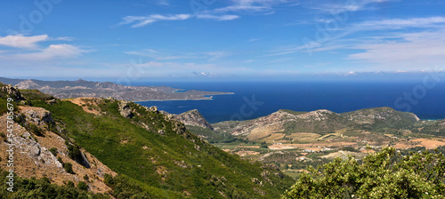 Panorama from Col de Teghime, green hills and Mediterranean sea in the background, Landscape od Cap Corse in Corsica