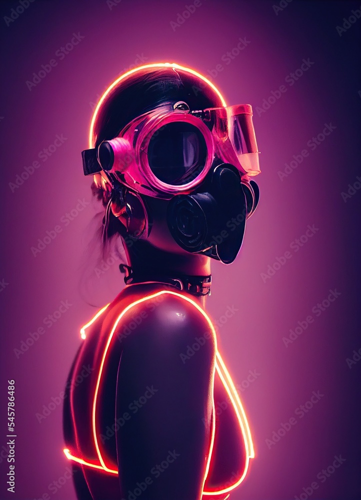Black and pink neon fetish gas mask portrait. Latex and BDSM style. Stock Illustration | Stock