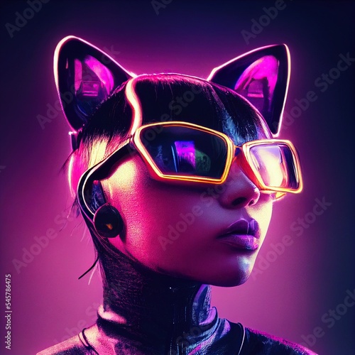 Cyberpunk neon pink catgirl. Fetish fashion. Furry cat woman ears and glasses.