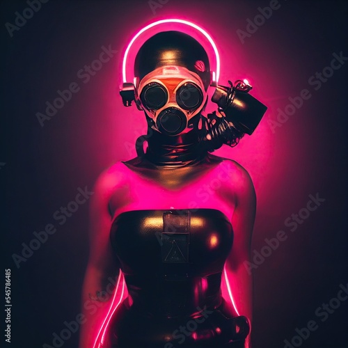Black and pink neon fetish gas mask portrait. Latex and leather. BDSM style. photo