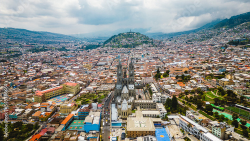 Quito Ecuador Basilica of the National Vow (Basílica del Voto Nacional) cityscape aerial drone view 