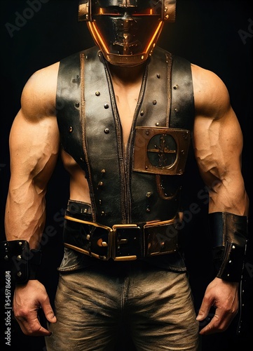 Fetish portrait. Male bodybuilder in leather, jeans and mask.