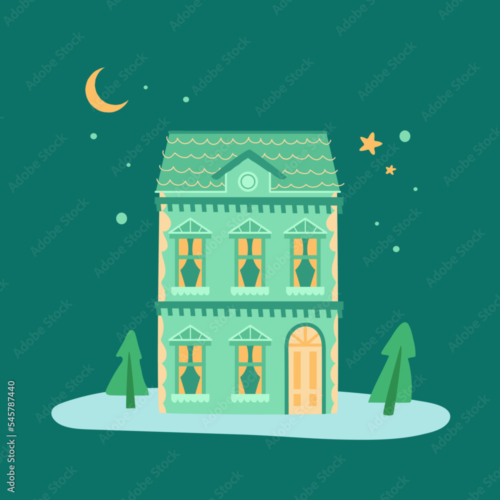 Cute hand drawn colored house on a lawn with trees with a night sky. Flat illustration